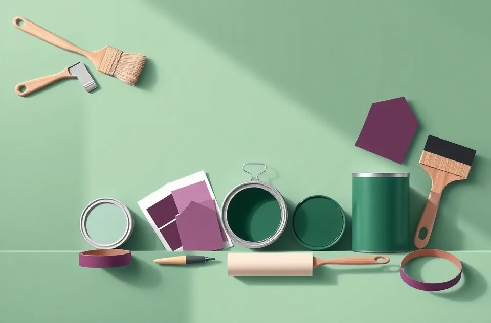 Pots de peinture, nuancier, brosses et rouleaux disposés à plat