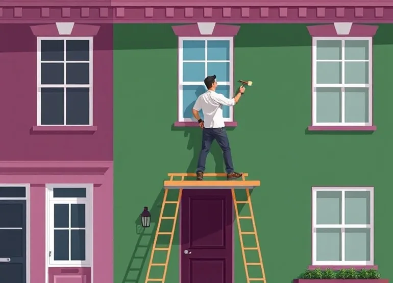 Peintre sur échafaudage traitant la façade d'une maison