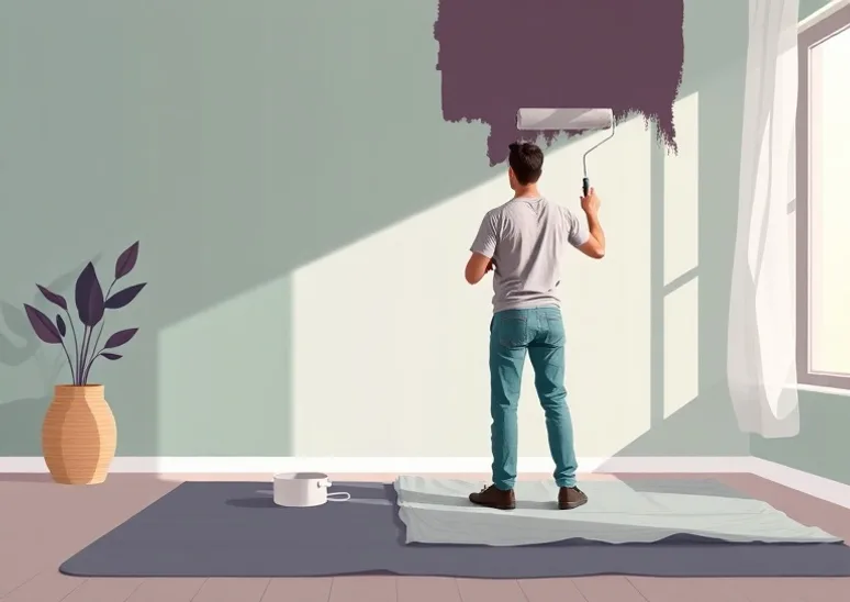Peintre appliquant la peinture au rouleau sur un mur de salon